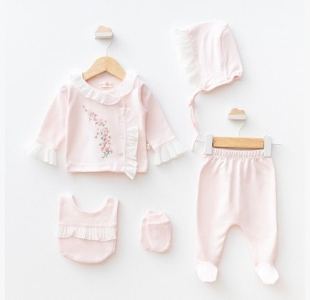 طقم مميز بنقشة الورد زهر تطريز 5 قطع / قطن