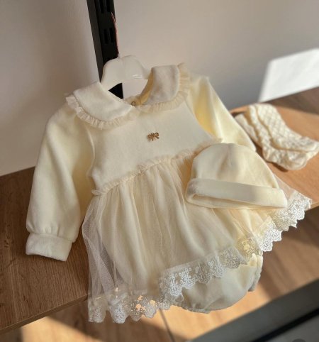 طقم فستان مخمل 3 قطع مع دانتيل